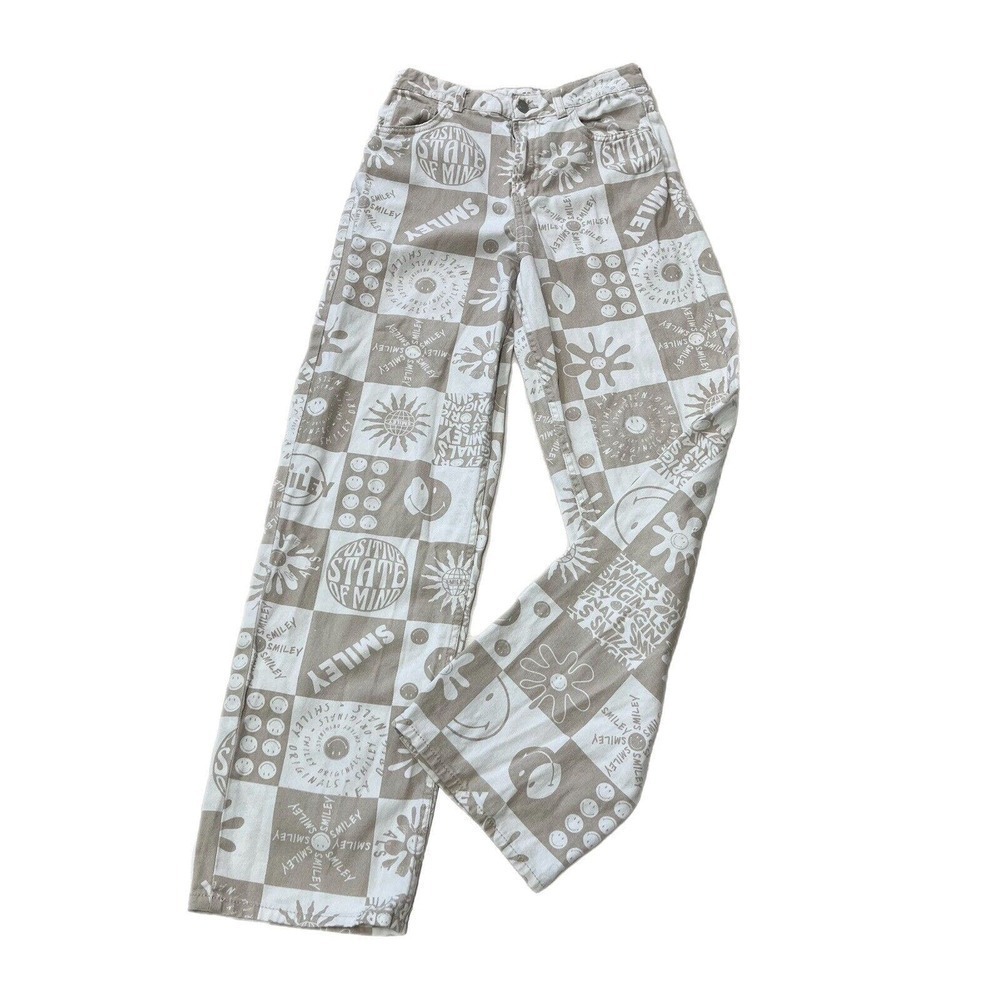 Smiley X H&M Denim Pants Women Size 2 High Rise Wide Leg Beige All Over Print